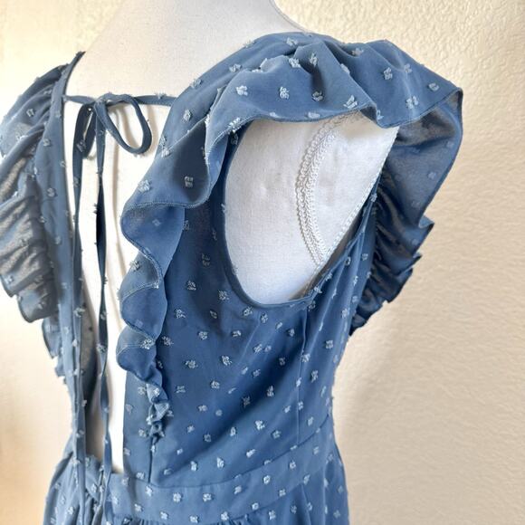 Loemes Floral Fit & Flare Dress Womens Size Large Blue Ruffle Strap Textured - Picture 10 of 15